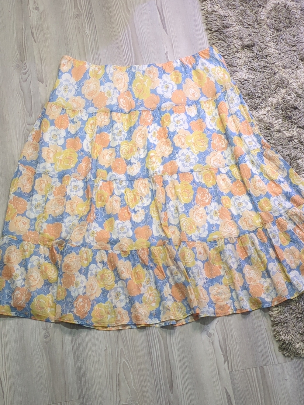 Chaps Floral Tiered Midi Skirt 3X Cotton Blue Orange Yellow Cottagecore